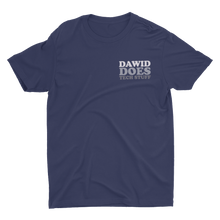 Load image into Gallery viewer, Navy t-shirt with Dawid Does Tech Stuff in various shades of grey over left chest
