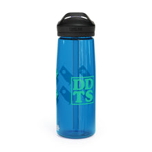 Load image into Gallery viewer, Blue CamelBak water bottle with green DDTS logo and GPUs - logo side
