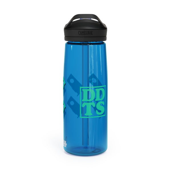 Blue CamelBak water bottle with green DDTS logo and GPUs - logo side