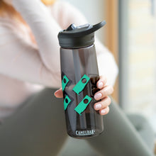 Load image into Gallery viewer, Black CamelBak water bottle with green DDTS logo and GPUs being held 
