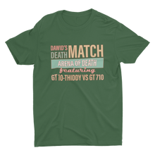 Load image into Gallery viewer, Forrest Green Dawid Does Tech Stuff T-shirt with Dawid&#39;s Death Match Arena of Death Featuring GT1030 VS GT710
