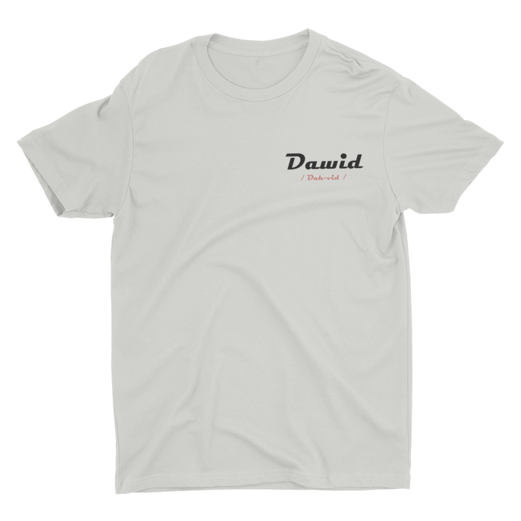 Silver grey T-shirt with Dawid pronunciation guide on left chest