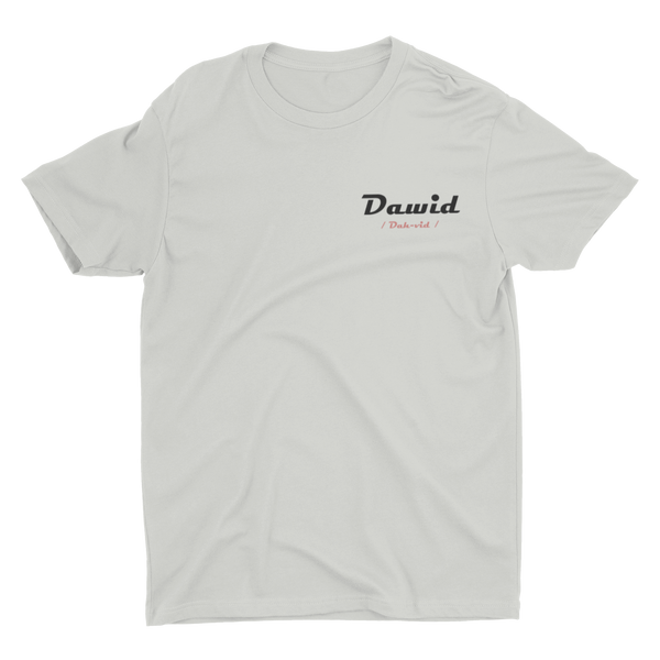Silver grey T-shirt with Dawid pronunciation guide on left chest