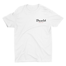 Load image into Gallery viewer, White T-shirt with Dawid pronunciation guide on left chest
