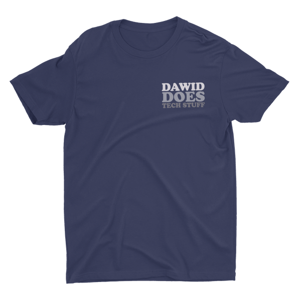 Navy t-shirt with Dawid Does Tech Stuff in various shades of grey over left chest 
