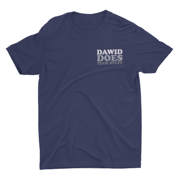 Navy t-shirt with Dawid Does Tech Stuff in various shades of grey over left chest
