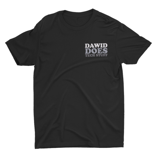 Black t-shirt with Dawid Does Tech Stuff in various shades of grey over left chest