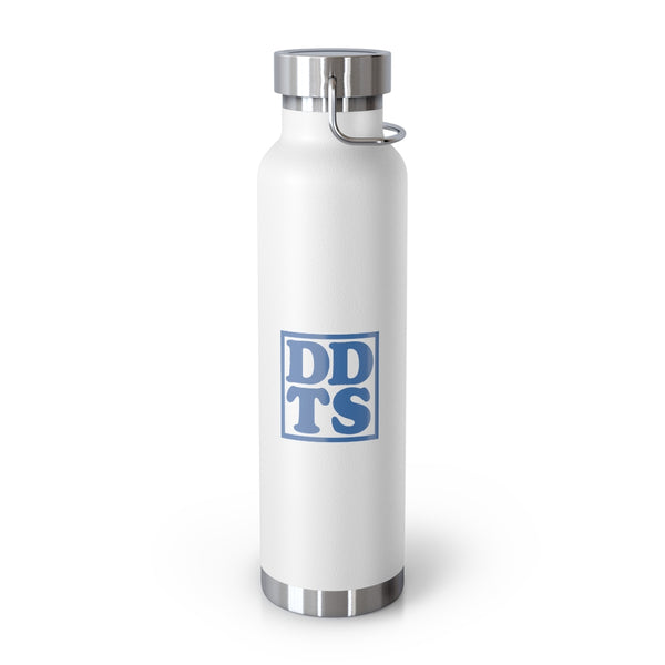 White Thermos Water Bottle with Blue DDTS logo on side