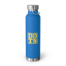 Load image into Gallery viewer, Blue Thermos Water Bottle with Yellow DDTS logo on side
