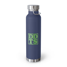 Load image into Gallery viewer, Navy Thermos Water Bottle with Green DDTS logo on side
