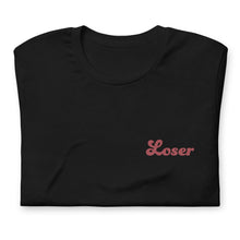 Load image into Gallery viewer, Folded T-Shirt Loser text over left chest black
