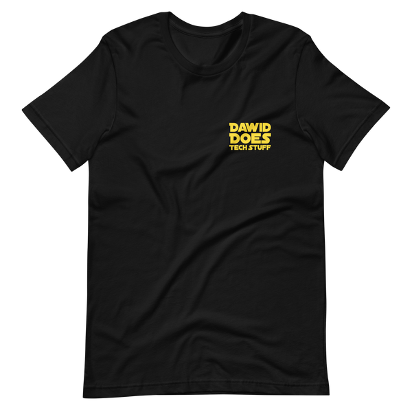 Dawid Does Tech Stuff (galaxy yellow) over left chest on black tshirt