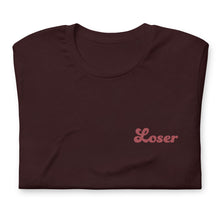 Load image into Gallery viewer, Folded T-Shirt Loser text over left chest oxblood black
